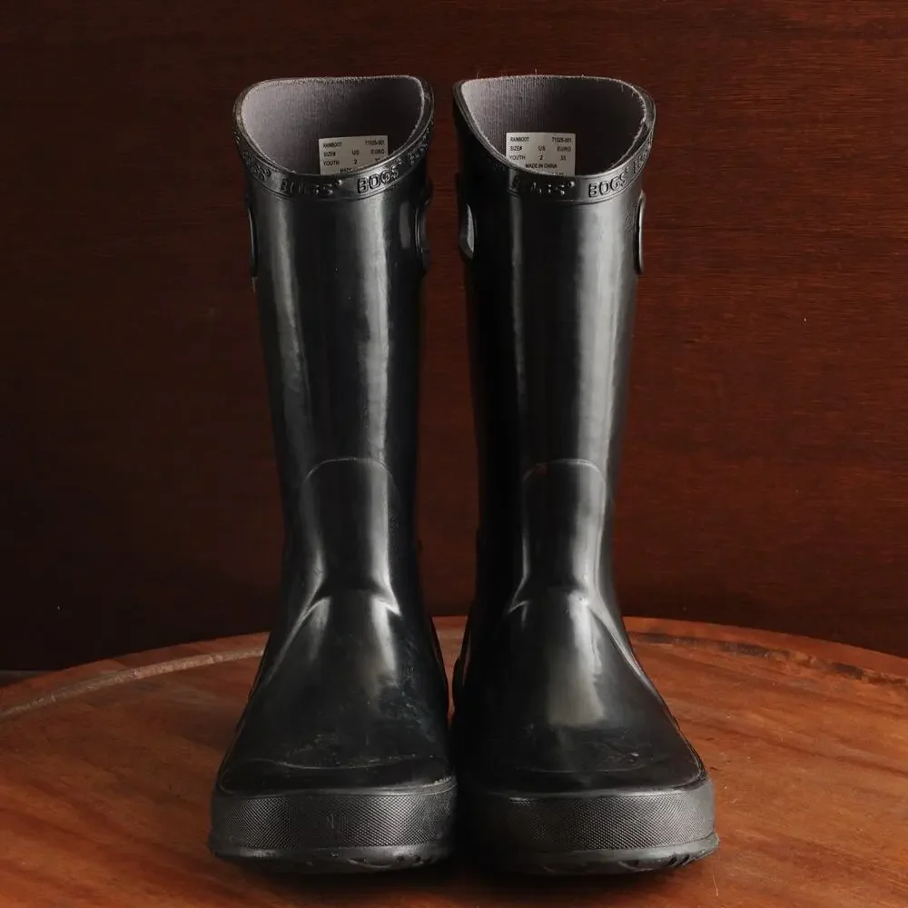 Bogs Rain Boots Youth Size 2 Black Waterproof Pull On Chore Outdoor Utility Flat